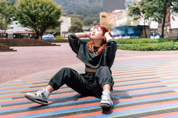 Serene Korean Woman Enjoying Solitude in City Square