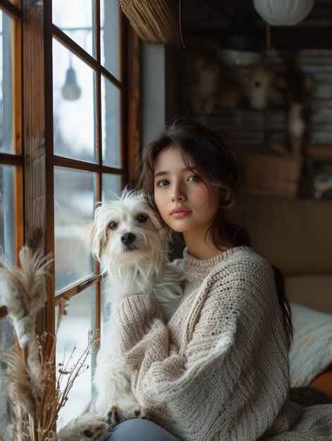 Serene Lady with Her Dog Enjoying a Quiet Moment