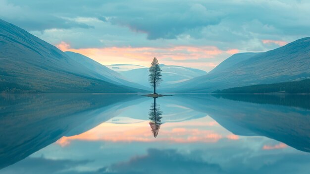 Photo a serene lake at dawn surrounded by mountains with reflections of pastel skies