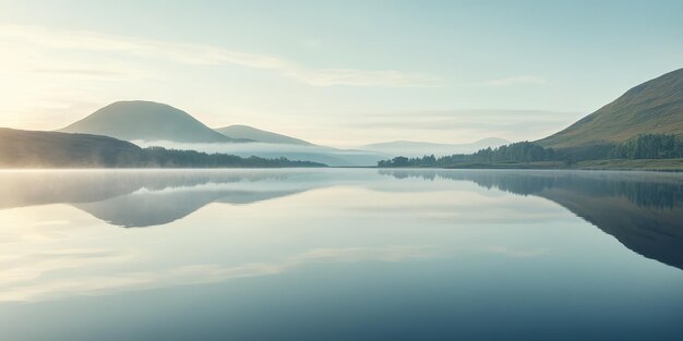 Photo serene lake landscape reflecting calm mountains and soft clouds during sunrise creating a peaceful natural scene