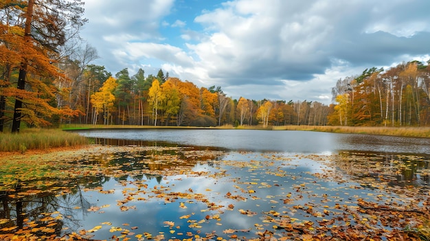 A serene lake nestled in a forest with vibrant autumn foliage reflected in the calm waters