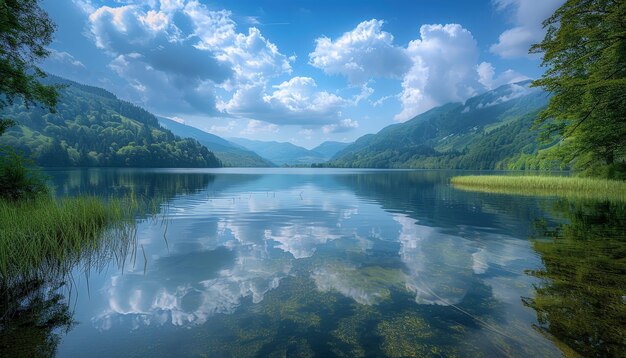 Photo a serene lake nestled in a mountainous valley with lush greenery on the banks