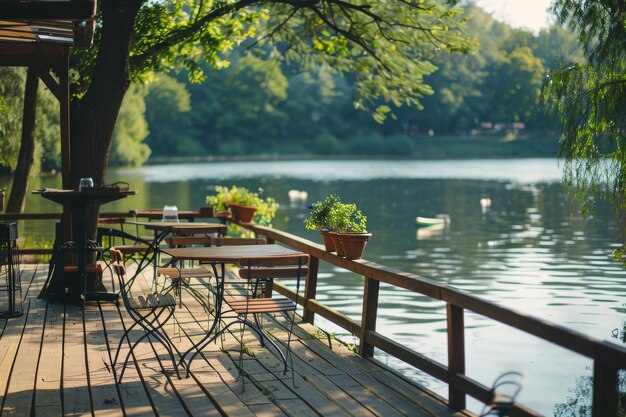 Photo serene lake outdoor cafe setting