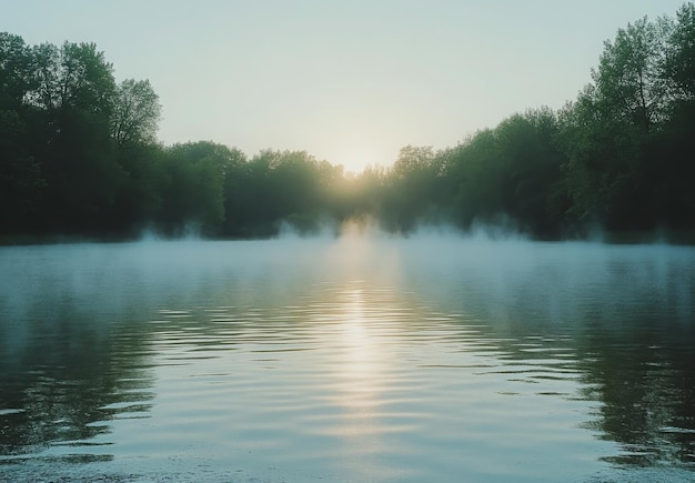 A serene lake partially obscured by early morning fog with mist gently rising from the waters surface and trees faintly visible in the background