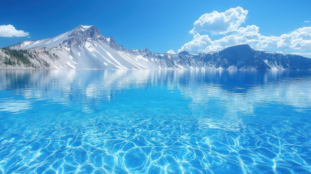 Serene lake reflecting mountains under a clear blue sky