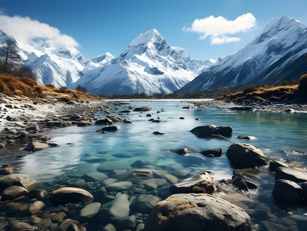 A serene lake reflecting snowcapped mountains