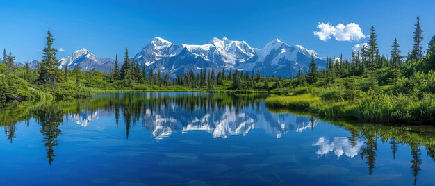 Serene Lake Reflecting Snowy Peaks and Evergreen Trees Natures Mirror