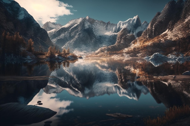 a serene lake reflecting the surrounding mountains representing the beauty of nature