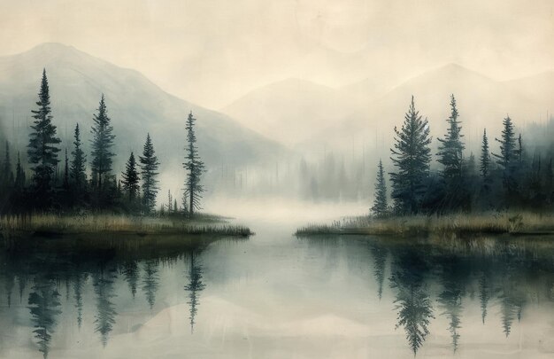 Serene Lake Reflection Surrounded By Pine Trees And Misty Mountains At Dawn