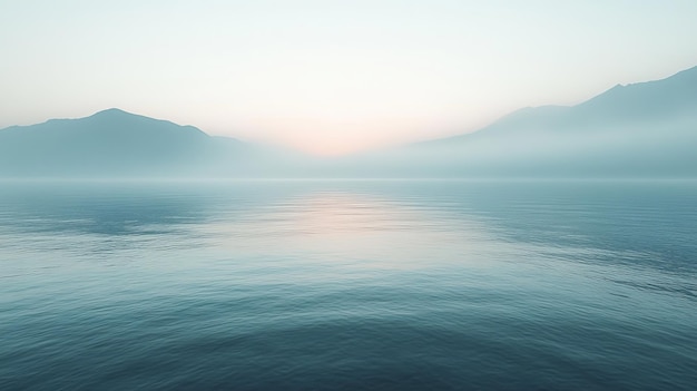 Photo serene lake reflects soft sunrise between misty mountains