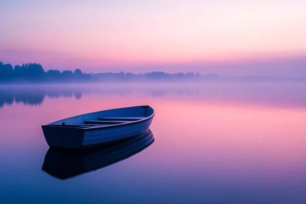 Photo serene lake scene featuring a boat amidst tranquil waters in purple and blue tones