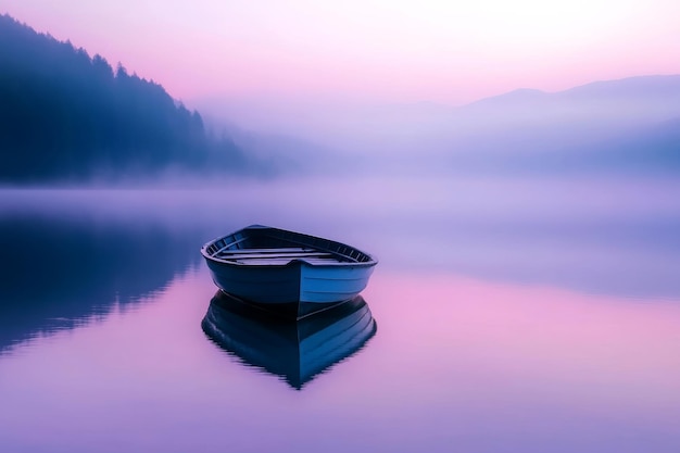 Serene lake scene featuring a boat surrounded by tranquil waters and purple blue hues