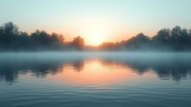 Photo serene lake shrouded in mist at dawn reflecting the calm water and distant horizon ideal for theme