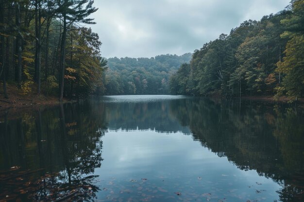 Photo a serene lake in soft morning light surrounded by a lush forest perfect for peaceful relaxation aig62