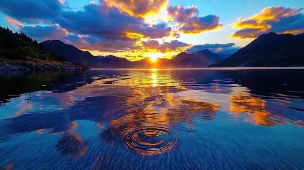 Photo a serene lake at sunrise with mist rising from the water and mountains reflected in the surface