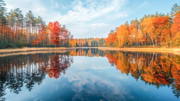 A serene lake surrounded by autumn foliage with the water perfectly reflecting the colorful trees