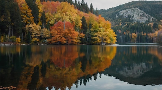 A Serene Lake Surrounded by AutumnColored Trees