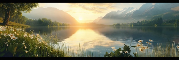 Photo serene lake surrounded by lush greenery and mountains