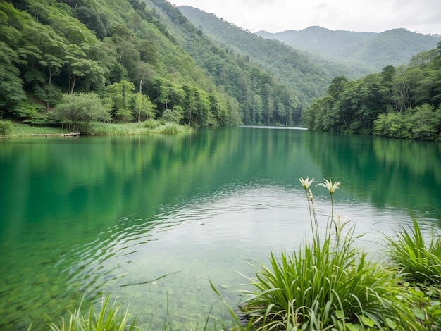 A serene lake surrounded by lush greenery