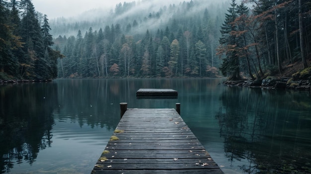 Photo a serene lake surrounded by misty forest with calm water reflecting the trees creating a tranquil and mystical atmosphere