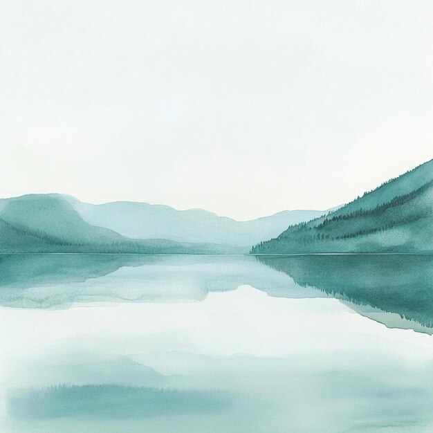 Photo serene lake with mountain background watercolor painting