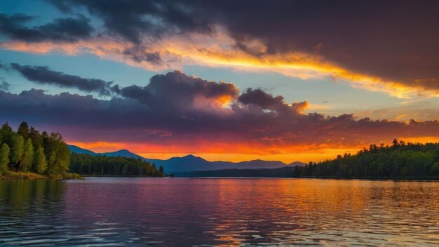 Serene lake with a vibrant sunset over mountainous landscape