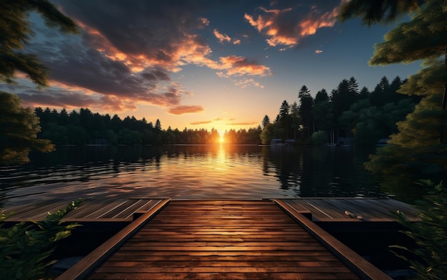 A Serene Lake with a Wooden Dock Generative AI