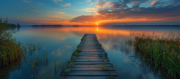 Photo serene lake with a wooden dock leading into the horizon reflecting the pastel colors of the sunset sky