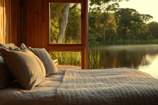 Photo serene lakefront ecolodge retreat escape