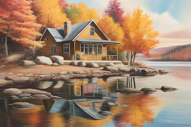 A serene lakeside cabin during autumn colorful foliage reflected in the calm water