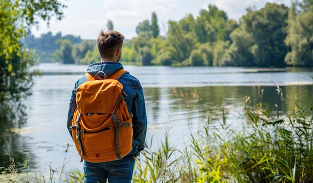 Serene lakeside contemplation with young adult backpacker