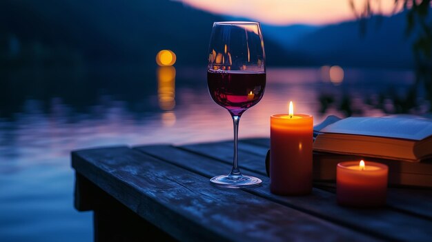 Serene lakeside evening with a glass of red wine candles and a book during twilight hours