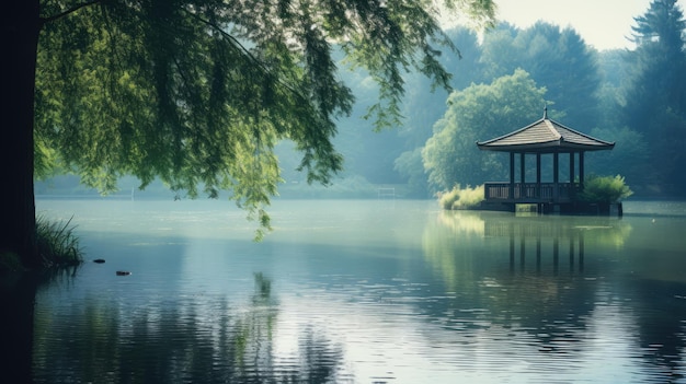 A serene lakeside gazebo enveloped in morning mist surrounded by lush greenery