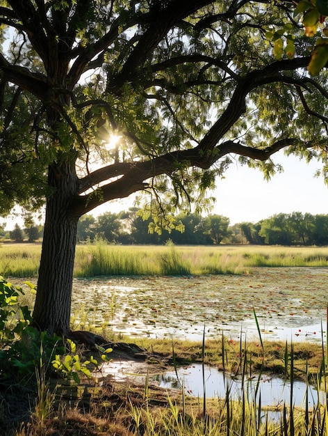 Photo serene lakeside landscape with sunlit tree and tranquil water