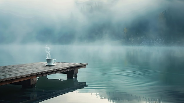 Photo a serene lakeside morning with a cup of coffee on a dock mist rising from the water