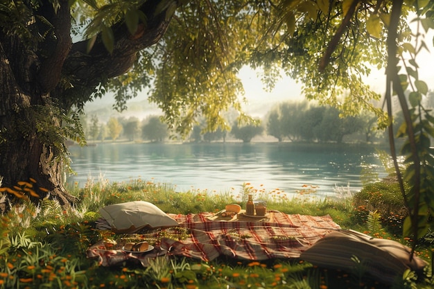 Serene lakeside picnics beneath shady trees