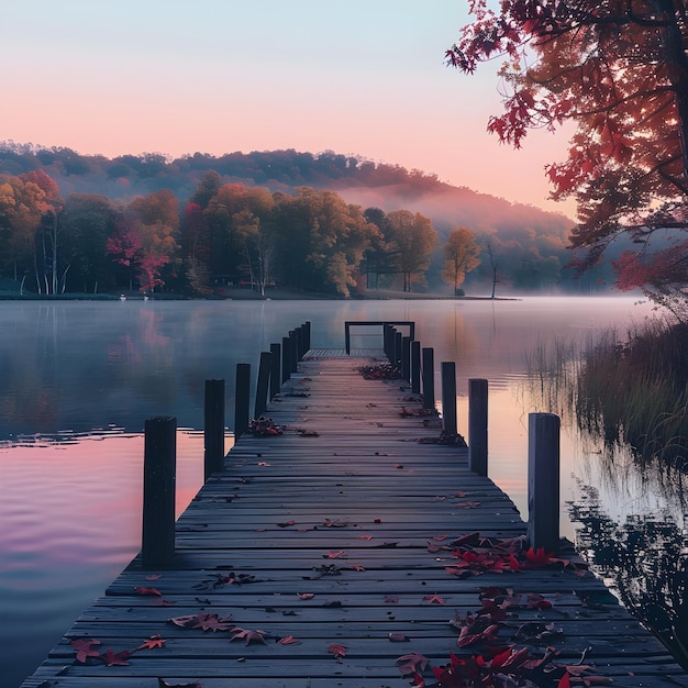 Photo serene lakeside pier at sunset with autumn foliage and rolling hills in the background