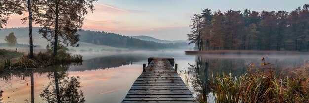 Photo serene lakeside pier at sunset with autumn foliage and rolling hills in the background