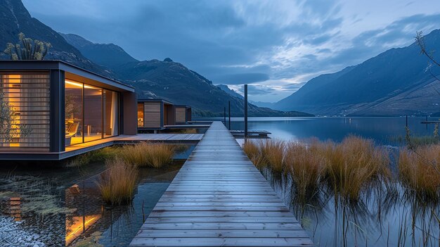 Photo a serene lakeside retreat with minimalist cabins and scenic views