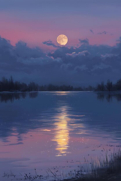 Photo a serene lakeside scene at dusk with a full moon