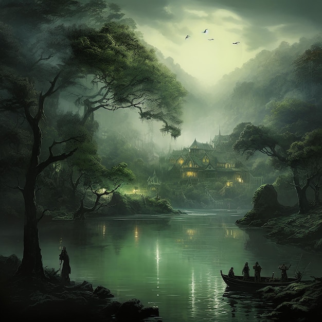 A serene lakeside scene where mystical thoughts emerge from the mist