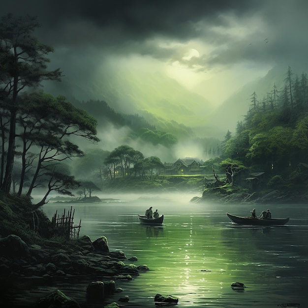 A serene lakeside scene where mystical thoughts emerge from the mist