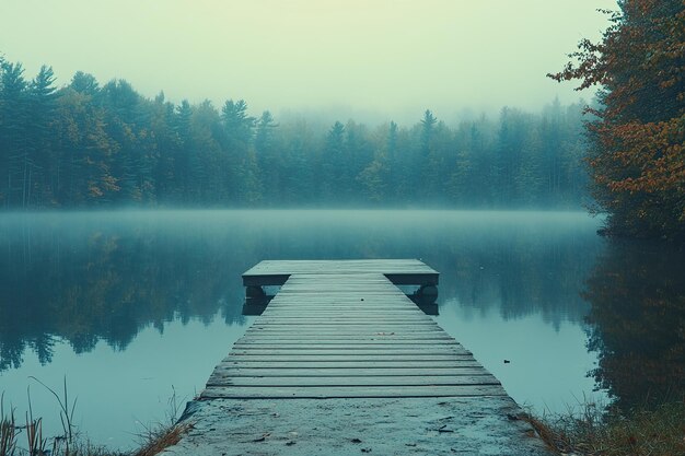 Photo a serene lakeside scene with a small wooden pier calm waters