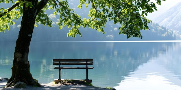 Photo serene lakeside setting with a wooden bench under a tree ideal for meditation concept meditation spot lakeside tranquility wooden bench nature setting