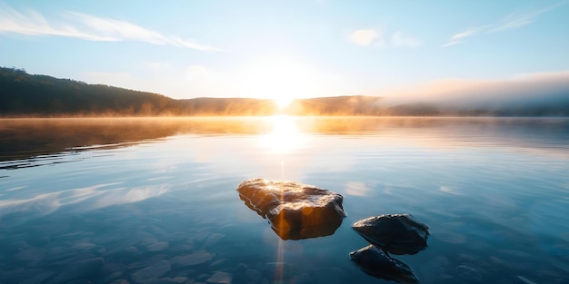 Serene lakeside sunrise with mist rising and gentle light casting a glow on the landscape Concept Nature Photography Sunrise Morning Mist Lakeside Serene Landscape