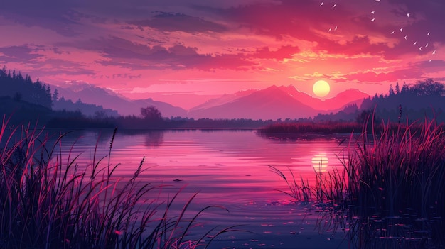 Serene Lakeside Sunset A Tranquil Landscape