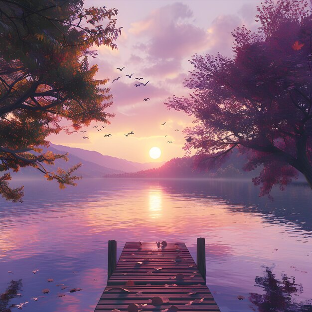 Photo serene lakeside sunset a tranquil scene with vibrant colors and gentle reflections in nature