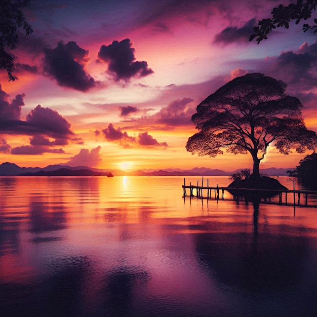 A serene lakeside sunset vibrant colors leaf silhouettes calm water reflecting the warmth of the sky