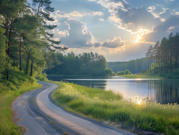 Photo serene lakeside view at sunset along a winding dirt road in a lush forested area