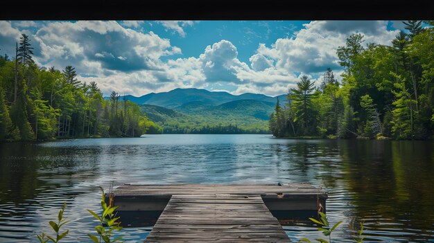 Photo serene lakeside view with green trees towering mountains and wooden pier perfect for tranquil esca